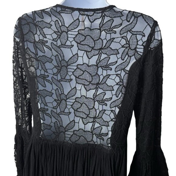 Free People Black Floral Embroidered Bell Sleeve Tunic Whimsigoth Ethereal XS - Picture 6 of 11